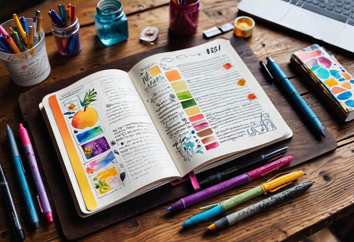 A visually striking digital diary open with vibrant pages displaying colorful illustrations, handwritten notes, and decorative stickers. Surround it with various creative tools like pens, watercolor paints, and a laptop, set on a rustic wooden table. The background is softly blurred to enhance focus on the diary. Captures a warm, inviting atmosphere, ideal for inspiration. super-realistic. vibrant colors.