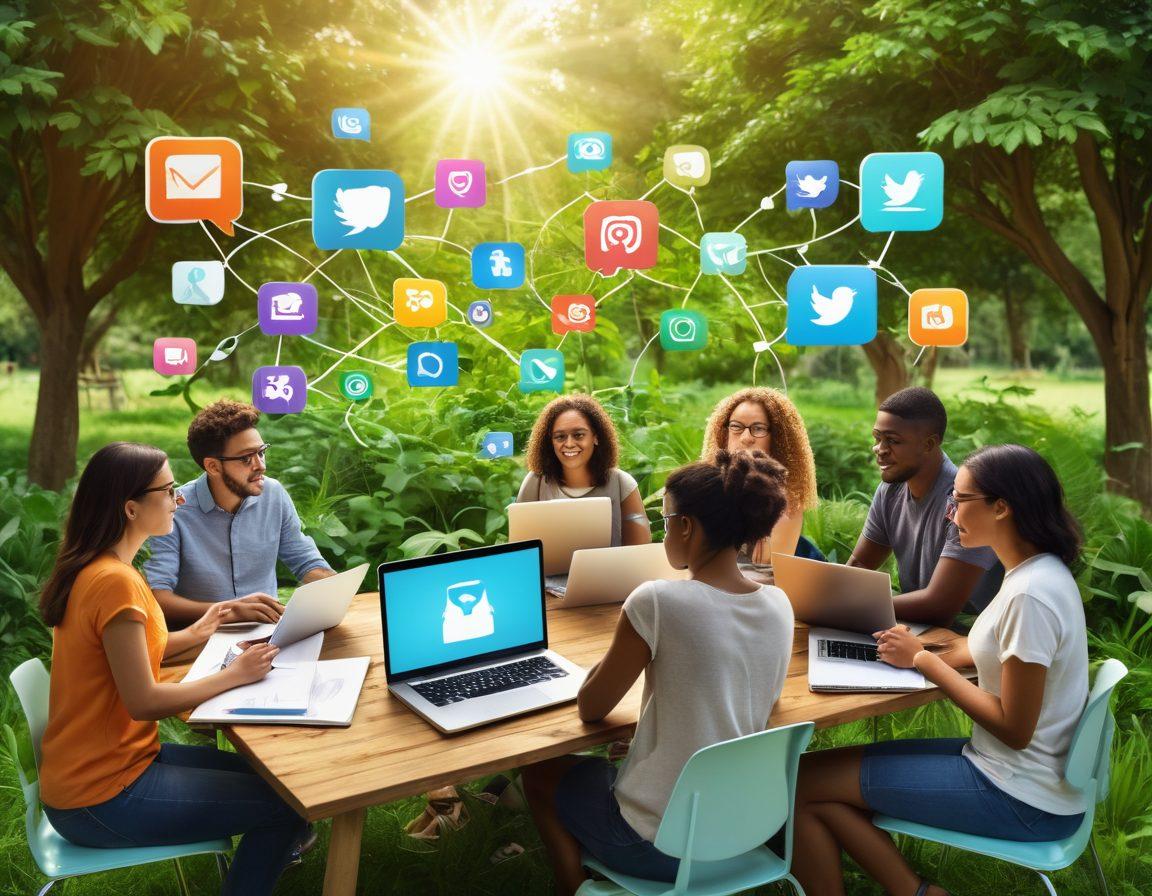 A diverse group of individuals engaging in a lively discussion around laptops and notebooks, symbolizing community collaboration. A vibrant digital map overlaying their space, indicating different blogging pathways. Lush greenery in the background to signify growth and connection. Elements of social media icons subtly integrated into the scene. illustration. vibrant colors. 3D.
